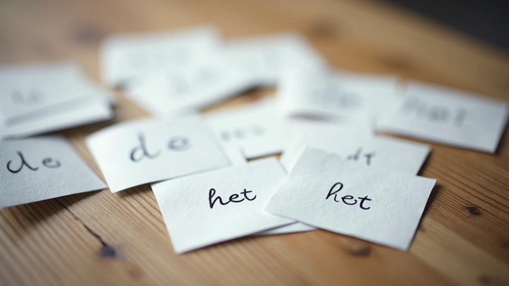 Nahaufnahme van Nederlandse woorden geschreven op flashcards met artikelen, licht van opzij