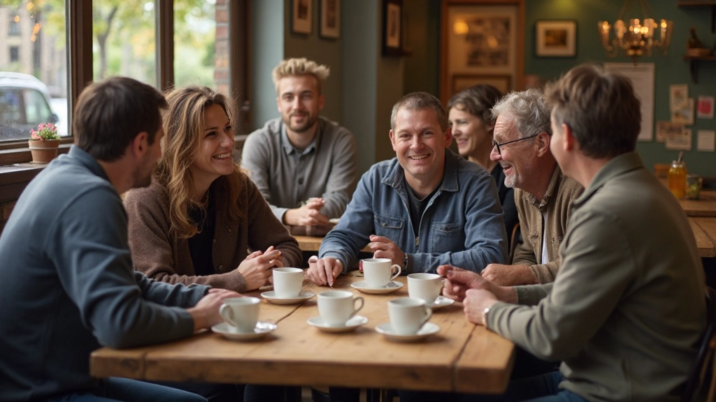 Groep expats in gesprek aan een tafel met kopjes koffie, gezellige sfeer in een Nederlands cafÃ©