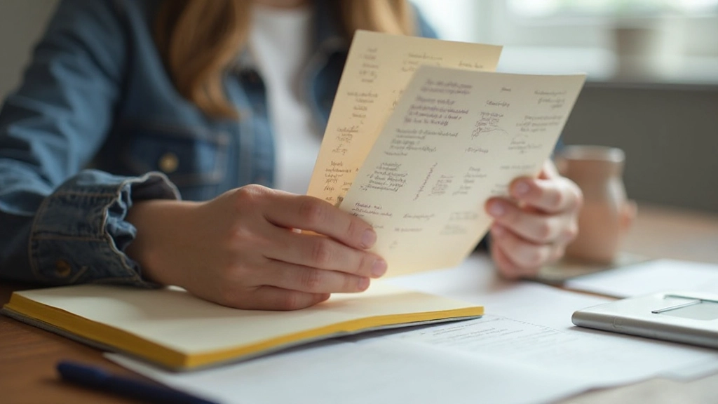 Persoon aan het lezen van Nederlandse flashcards met woorden, geel notitieboek op een bureau