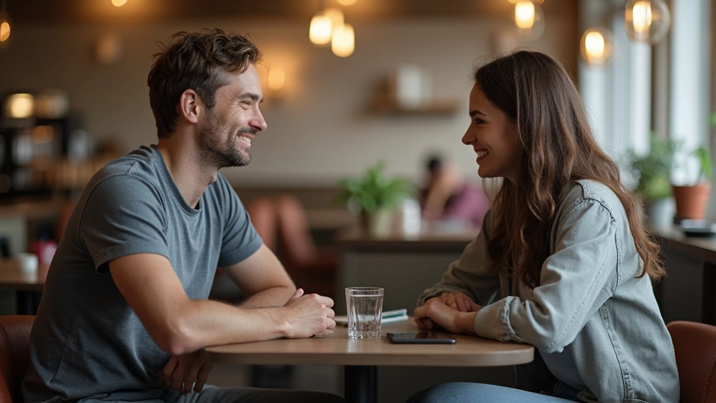 Expat en Nederlander zitten tegenover elkaar en praten, beiden glimlachen, ontspannen lichaamshouding, koffiebar setting