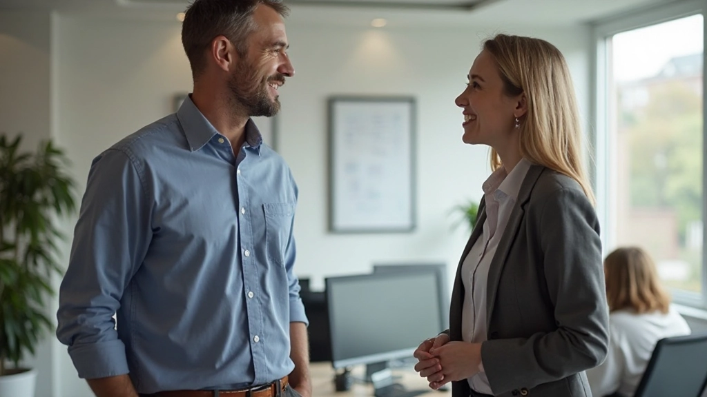 Twee collega's praten in kantooromgeving, één wijst iets aan op scherm, beiden concentreren zich op gesprek