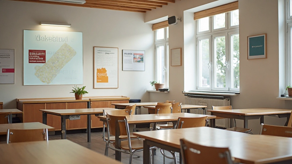 Moderne taalles ruimte met tafelwerk, Nederlandse vlaggen en leermateriaal op muur