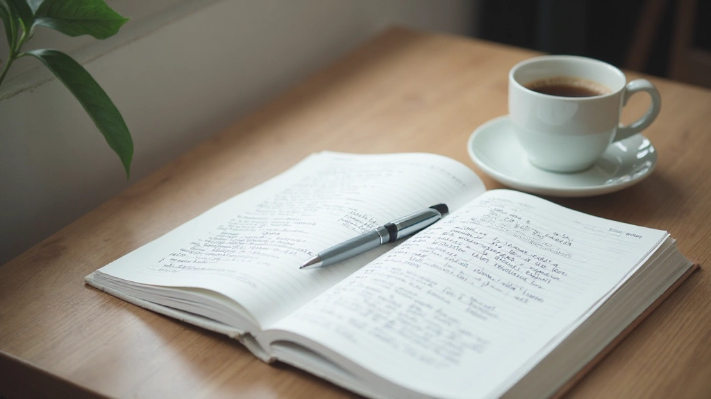 Notitieboek met Nederlandse zinnen geschreven in handschrift, pen ernaast, kopje koffie op tafel