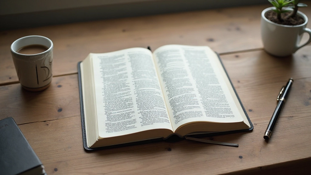 Nederlands-Nederlandse woordenboek opengeslagen op een tafel met een pen ernaast, licht van boven