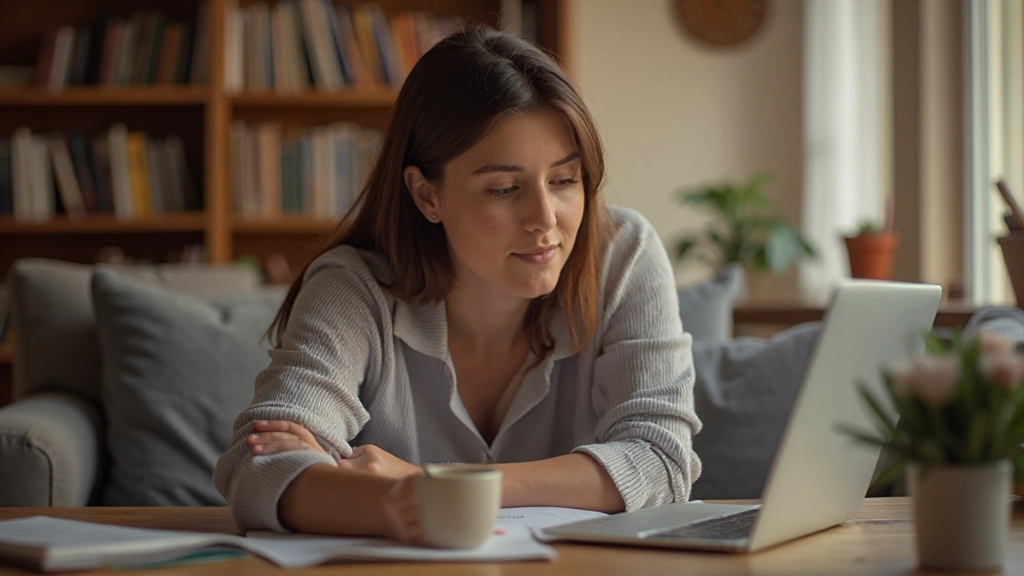 Expat die Nederlands studeert aan een houten bureau met laptop, kopje koffie en Nederlandse boeken