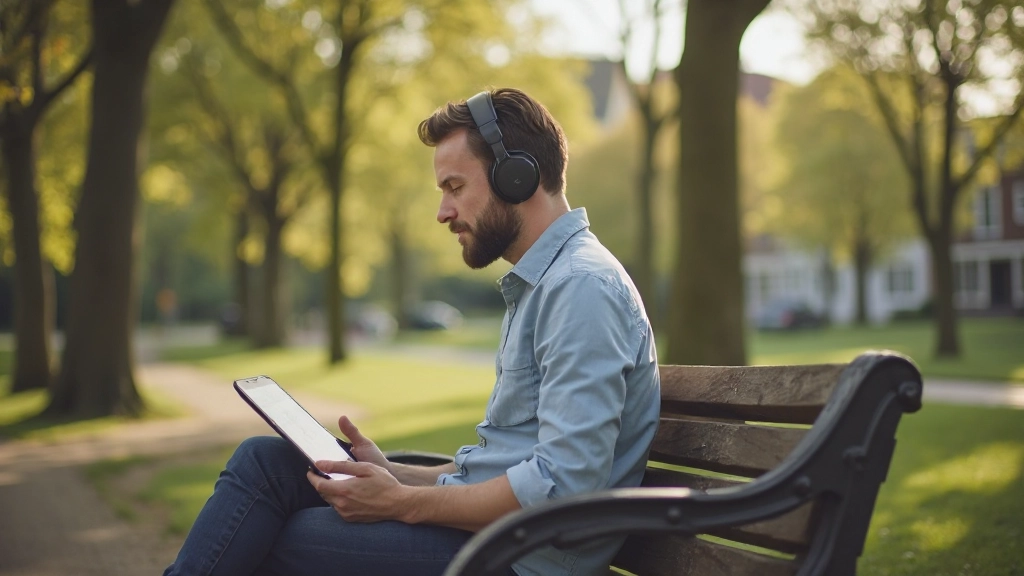 Expat aan het luisteren naar Nederlandse podcast met koptelefoon, buiten op een bankje in Amsterdam