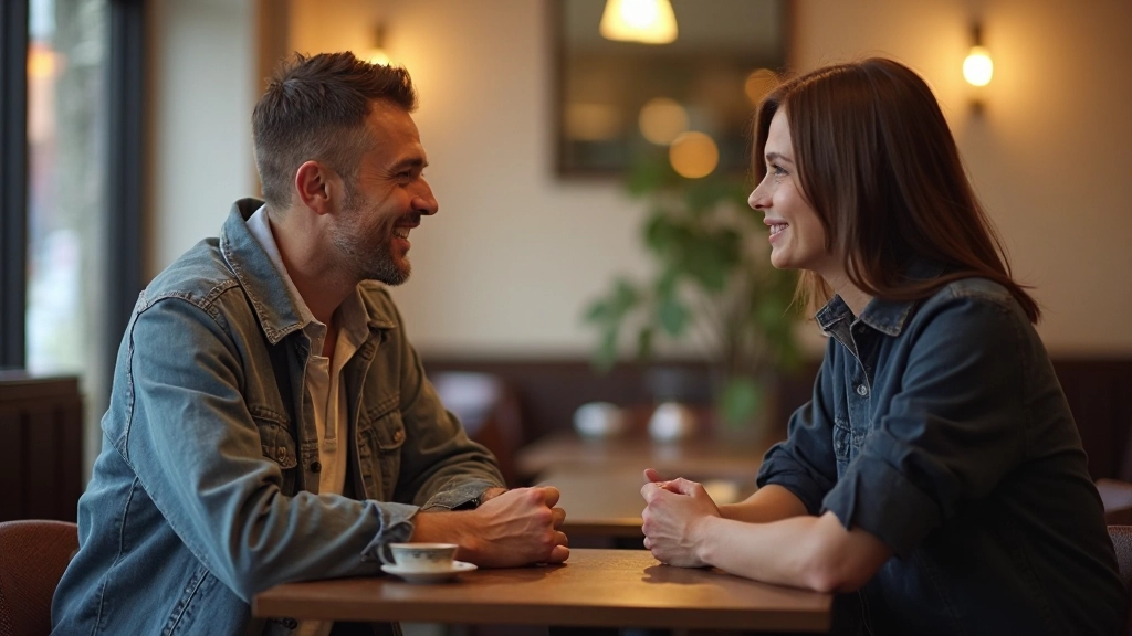 Twee expats in gesprek aan een tafel in een Nederlands café, gezellige sfeer met warme verlichting