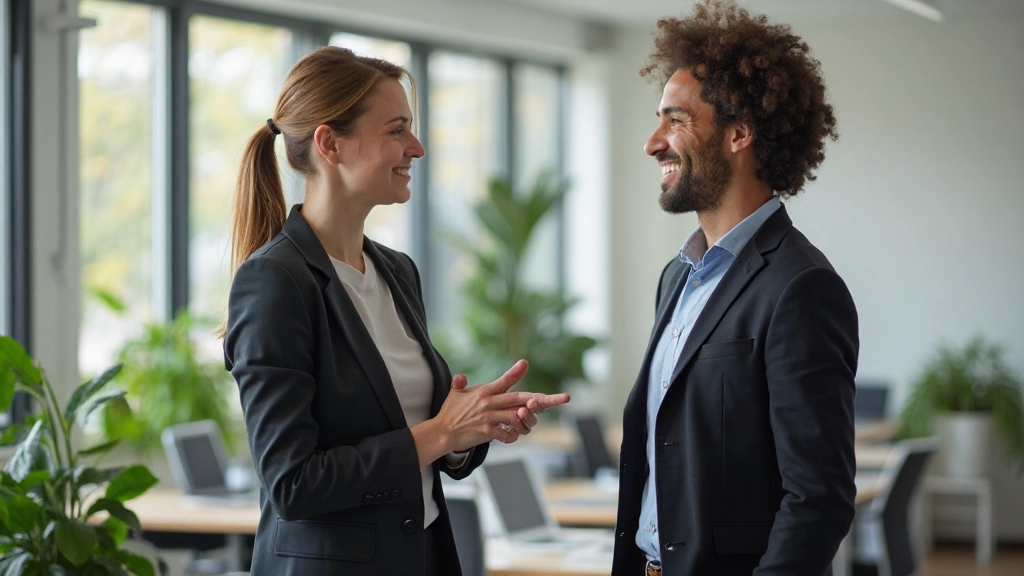 Twee collega's aan het praten in een kantoor omgeving, beide glimlachend, Nederlandse vlag op achtergrond