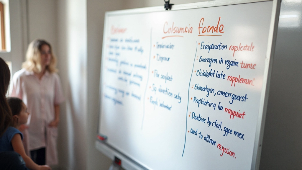 Whiteboard met Nederlandse voegwoorden en voorbeeldzinnen geschreven in verschillende kleuren, klassenlokaal achtergrond
