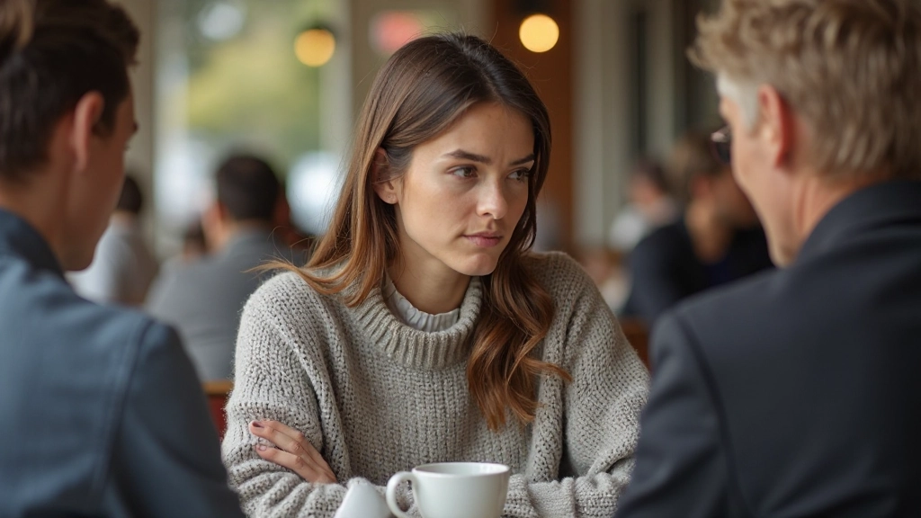 Expat die voorzichtig luistert naar Nederlands gesproken door locals aan een tafel, concentratie zichtbaar in gezichtsuitdrukking