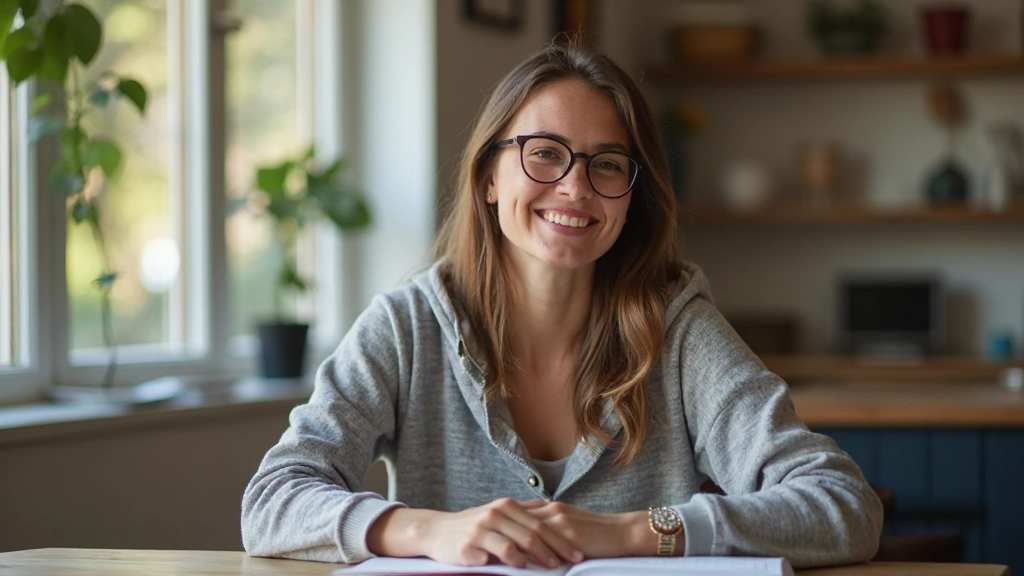 Expat zittend aan een tafel met een Nederlands woordenboek en notities, glimlachend naar de camera