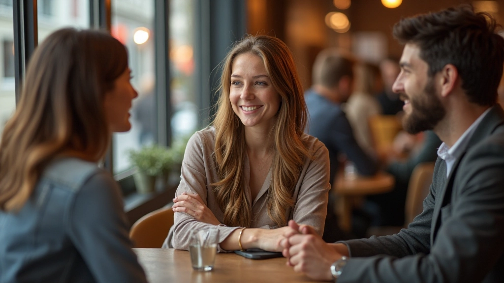 Jonge expat vrouw zittend in een Nederlands cafÃ© met vrienden, actief aan het spreken, ontspannen sfeer